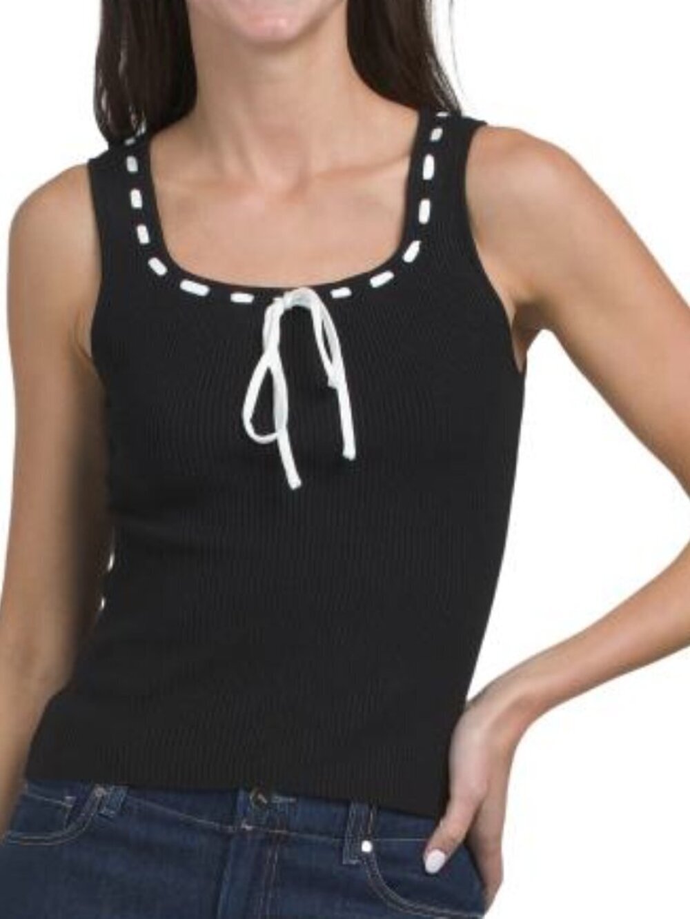 Black Knit Tank Top with White Tie Accent